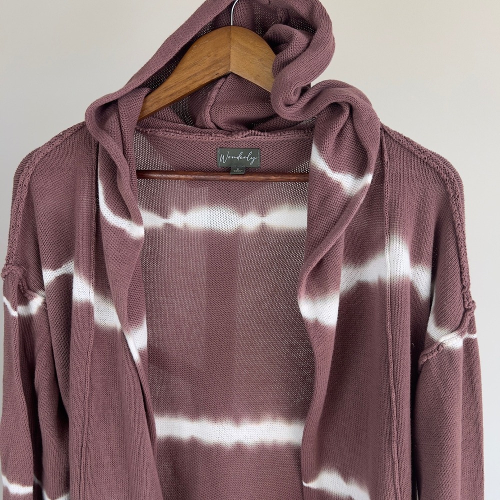 Wonderly Large Mauve Tie Dye Hooded Cardigan Open Front Knit Sweater Pockets